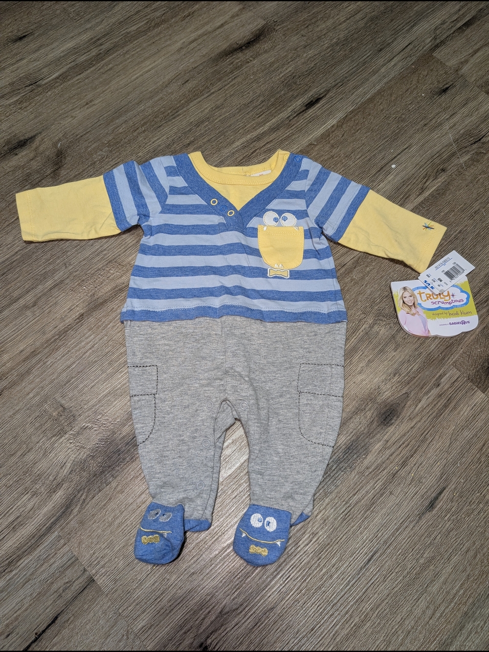 Newborn Baby Boys Blue, Gray & Yellow Striped Monsters One-Piece Cotton Footie